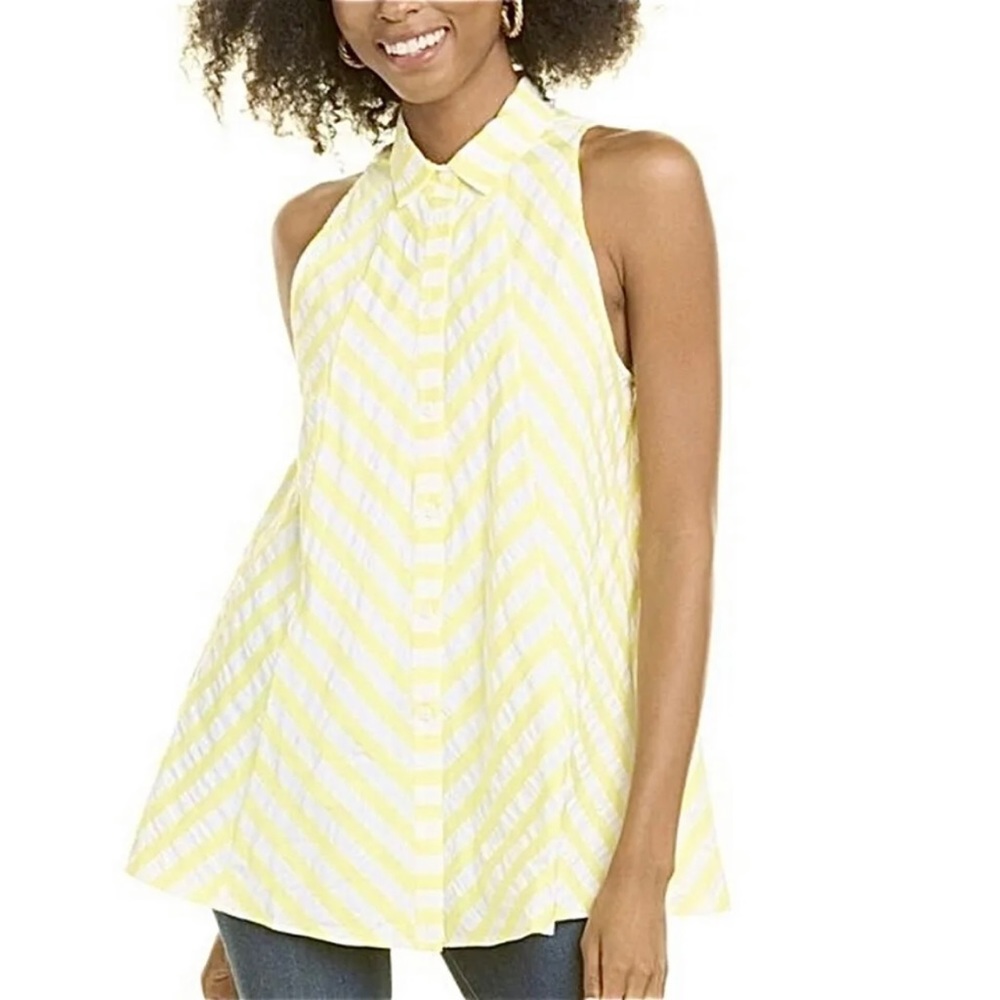 NWOT Pearl by Lela Rose Seersucker Yellow White Collared Sleeveless Top Medium